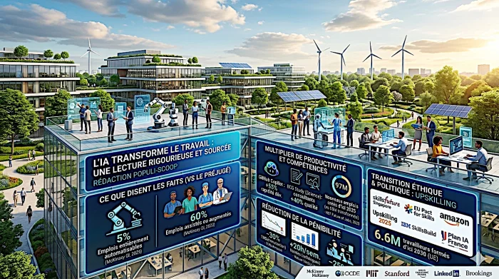 Infographie paysage montrant la collaboration humain-IA dans un bureau moderne, illustrant la hausse de productivité et la création d'emplois.