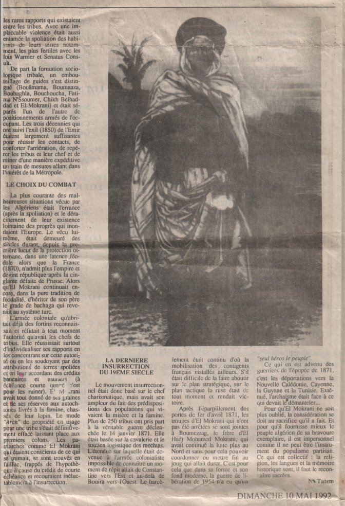 Article de N.E. Tatem sur Alger-Républicain (1992) sur El-Mokrani. 2ème partie